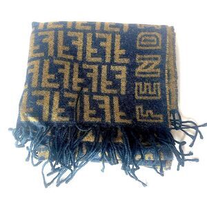 FENDI Navy Blue Tan Wool Silk Scarf with Decorative Tassels